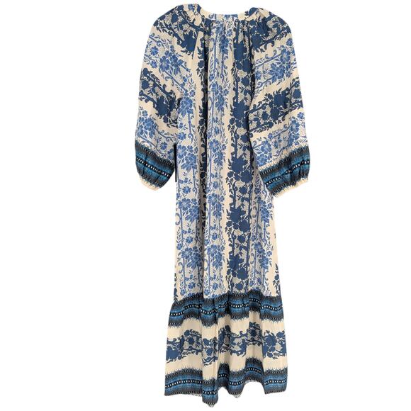 Tuckernuck Blue White Floral Midi Dress Small Boho Peasant NWT Linen Blend - Picture 3 of 5